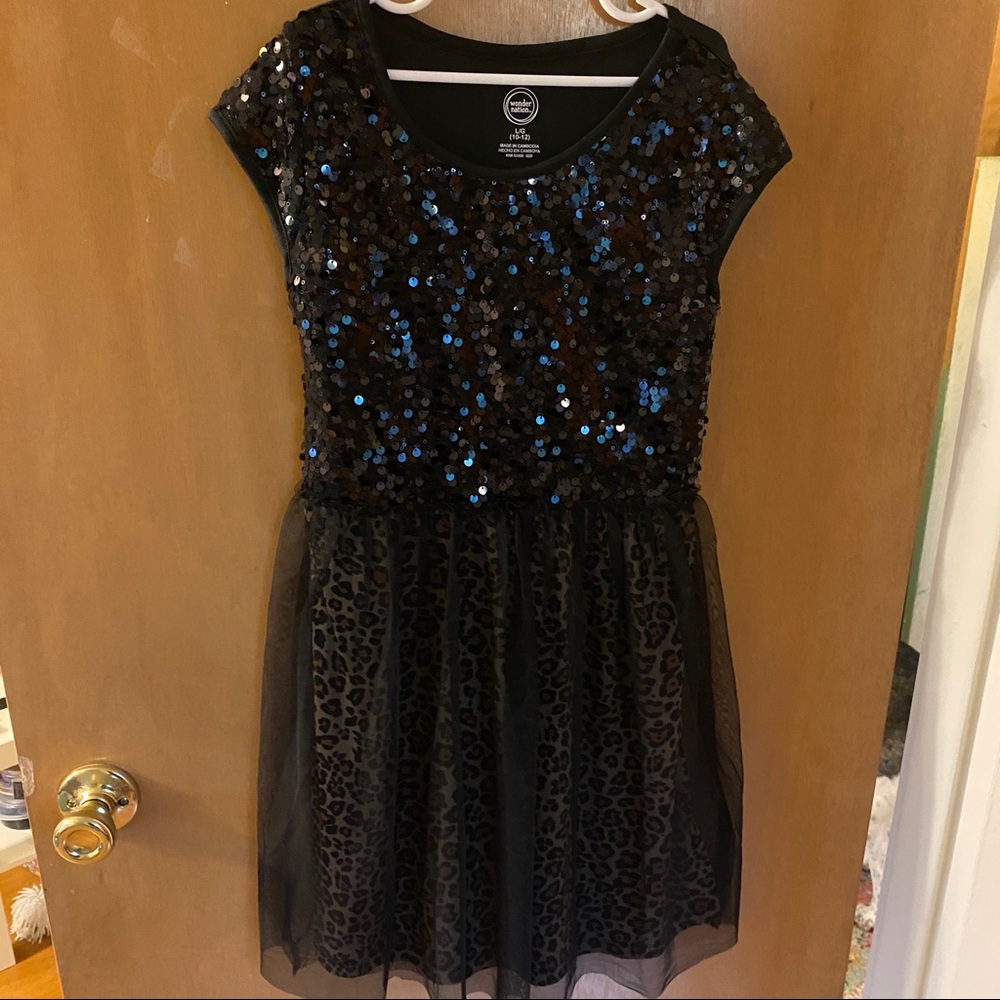 Girls fun semi formal dress in cheetah and sequins